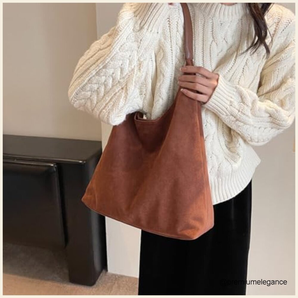Faux Suede Hobo Shoulder Bag Slouchy Tote Work Everyday Purse - Picture 3 of 7